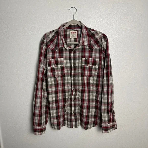 Levis Mens XL Modern Fit Plaid Western Pearl Snap Long Sleeve Shirt - Picture 2 of 9